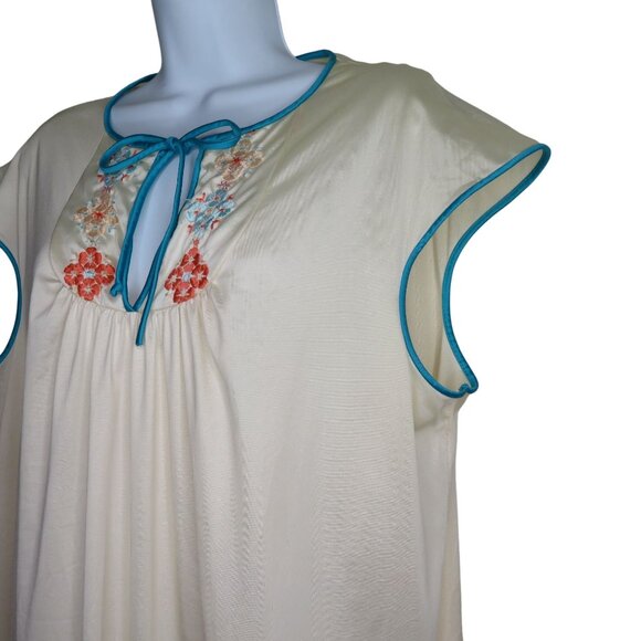 Vintage 70s Peignoir Set Full Length Nylon Nightgown Robe L Embroidery Blue Trim - Picture 3 of 16